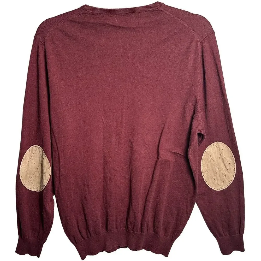 Massimo Dutti Sz L Cotton Silk Cashmere Sweater Faux‎ Suede Elbow Patch Academia